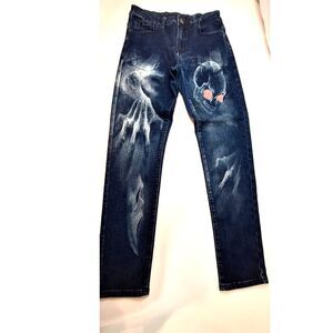 Street Wear Distressed Fit Gothic Grunge Punk Skater Printed Slim Jeans Size 30